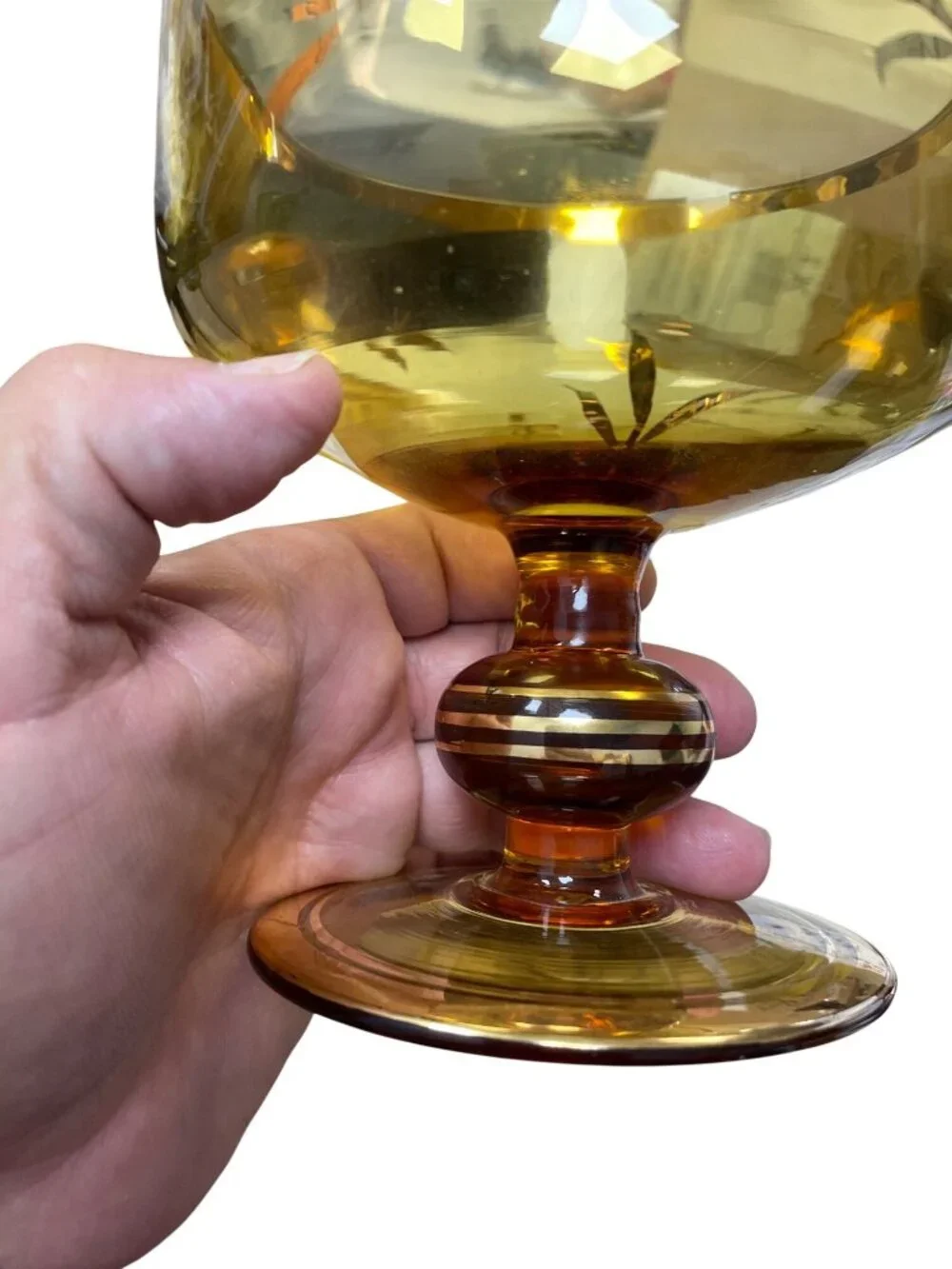 Romanian Vintage amber glass gold leaf pedestal candy dish SKU 140-814